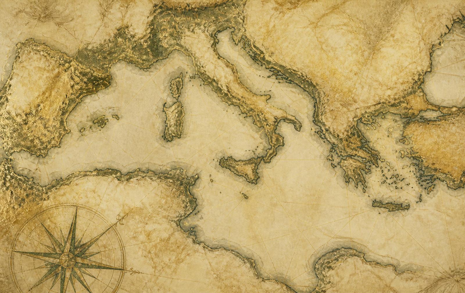 Antique chart of the Mediterranean with compass rose