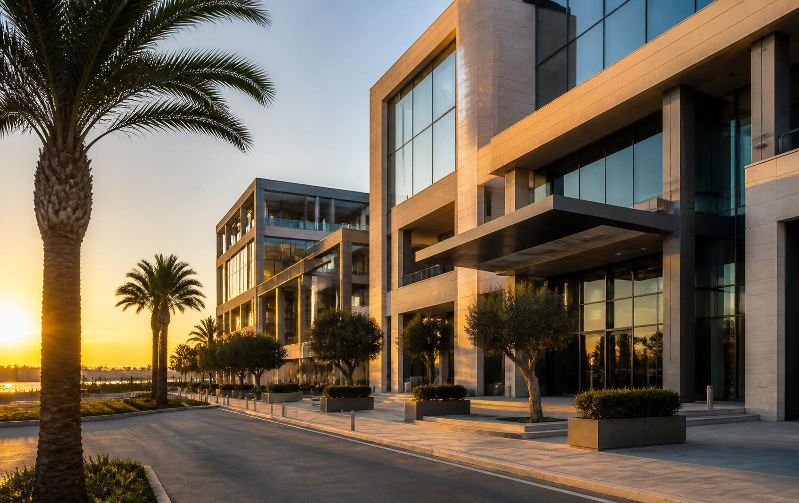 Modern business district in Larnaca, Cyprus at golden hour